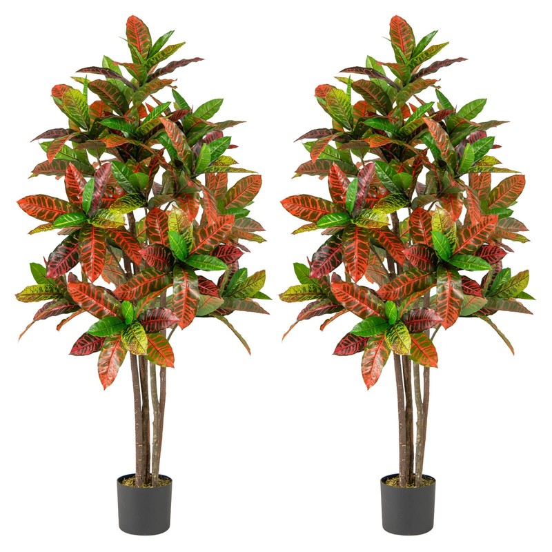2PCS 5 FT Artificial Croton Plant w/ Multi-colored PEVA Leaves Solid Wood Trunk