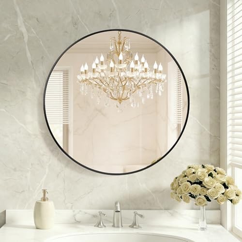 Bathroom Round Mirror for Over Sink, 24 Inch Wall 24″L x 24″W Black-round