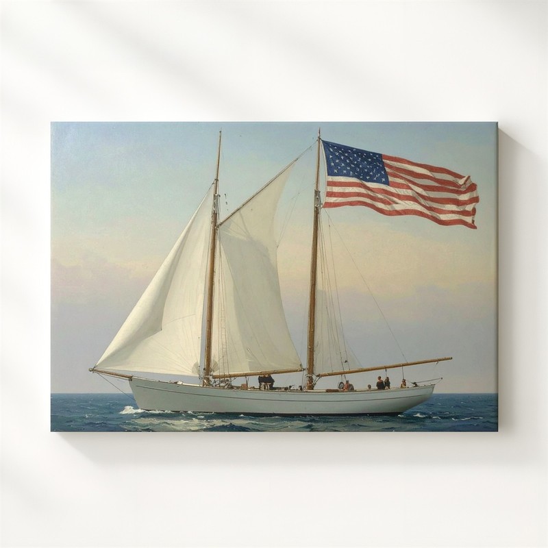 Wall Art Minimalist Sailboat With American Flag Canvas Nautical Americana