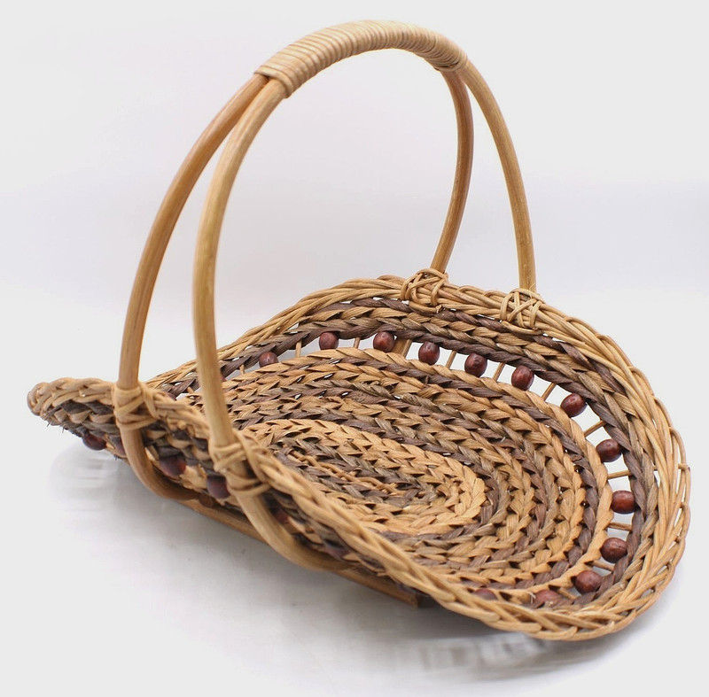 Handwoven Flower Basket Wicker Basket Bead Accent Handle Garden Trug Cottagecore