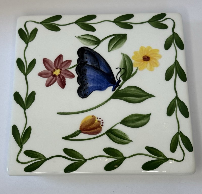 Ceramic Dragonfly Butterfly Plaque Wall Tile Trivet Hand Painted Pacific Rim gallery