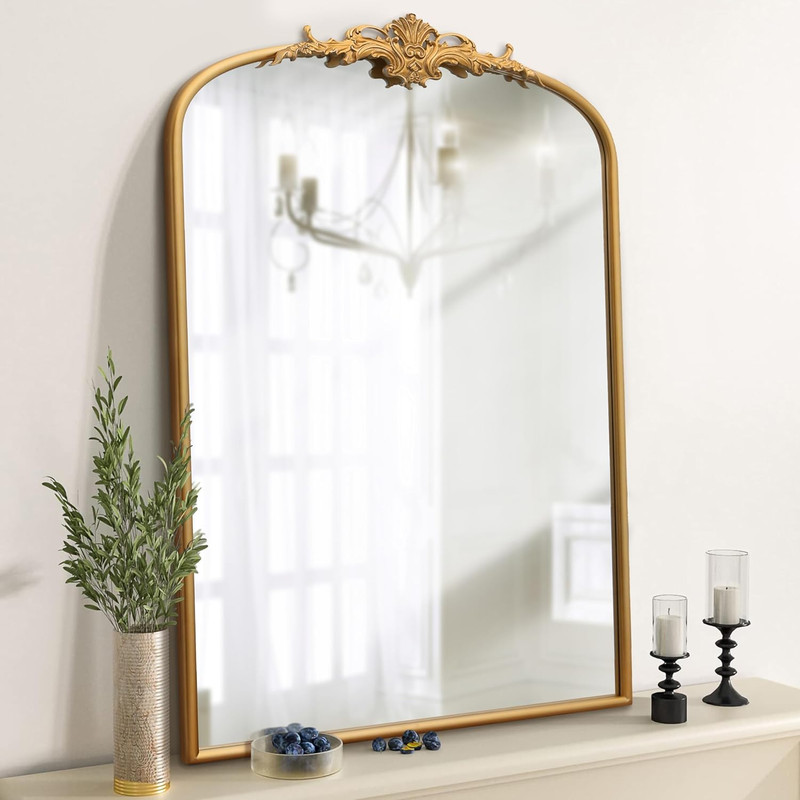 Antique Baroque Anthropologie Mirror: 24"X36" Arched Gleaming Gold Vintage Wall gallery