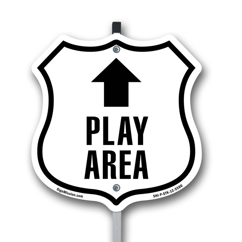 Play Area Up Shield Shaped Sign With Stake Weather Resistant Crafted in the USA