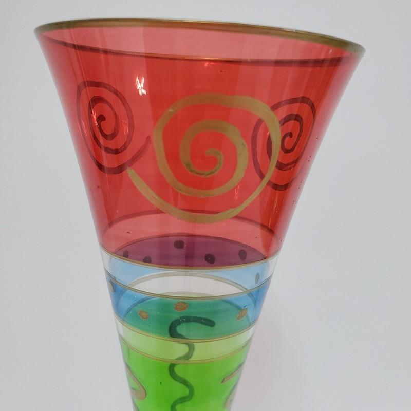 Pier 1 Tall Hand Painted Fluted Glass Vase Red Green Blue Swirl Dot Design gallery
