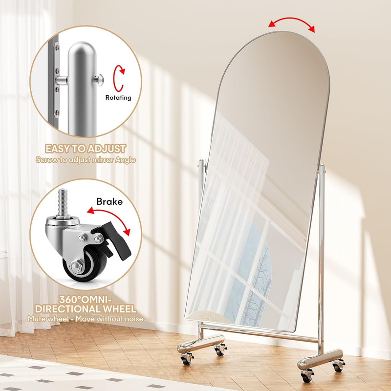 Large Arched Full Length Mirror on Wheels, Rolling Tilting Swivel Floor Mirror 6 gallery