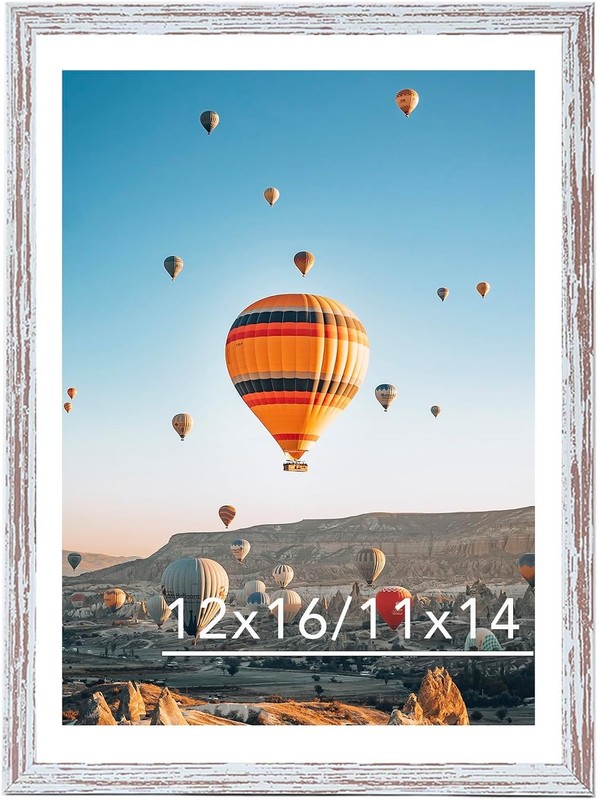 12×16 Picture Frame Rustic White with 11×14 Mat, Display Photo 11×14 with Mat