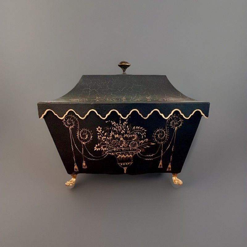 Chinoiserie Gilt Decorated Black Tole Box Scalloped Lid by Sarreid Neiman Marcus