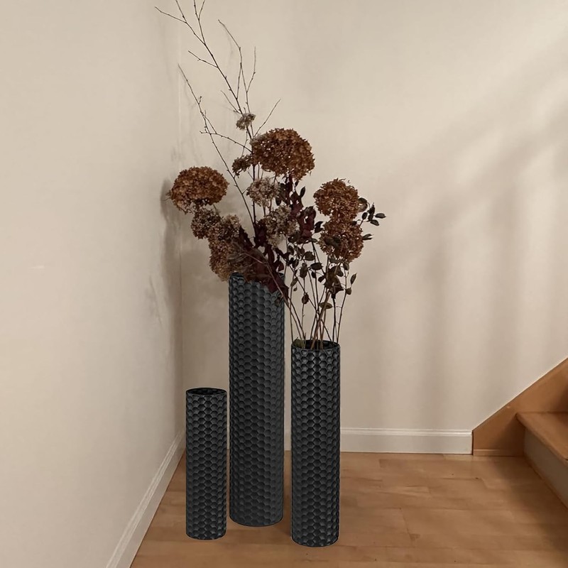 Black Tall Floor Vase - Set of 3 Extra Large Metal Decorative Vases for Living R gallery