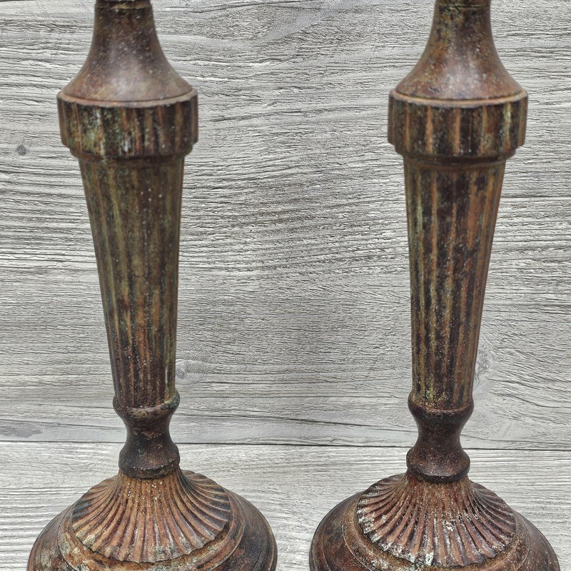 Rustic Brown Metal Candlestick Holders Pair Tall Primitive Taper Candle Decor gallery
