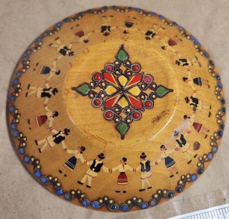 VTG Polish Folk Art Wood Hand Painted LID BOWL Box Dancing Couple