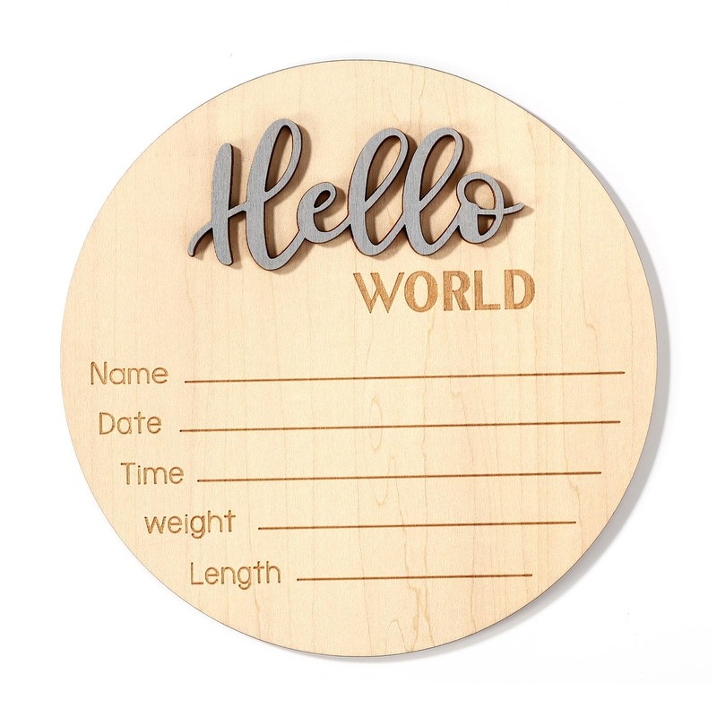 Newborn Announcement Sign, 5.9in Wooden Hello World Baby Welcome Sign Birth P…