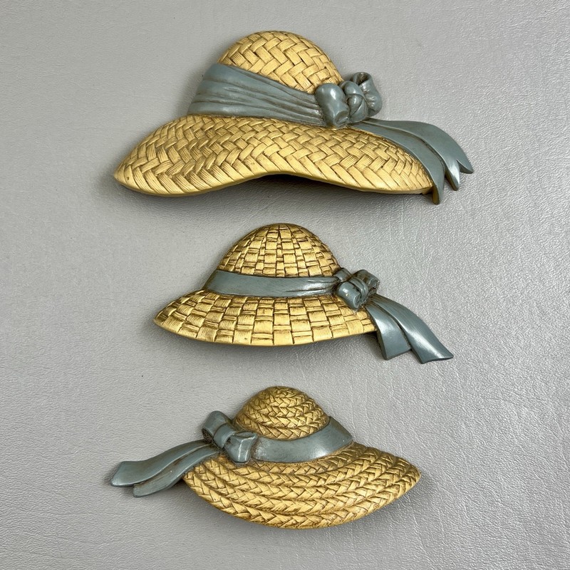 Burwood Products Poly Resin Wicker 3 Pc Sun Bonnet Wall Decor USA 1987 Blue Bow