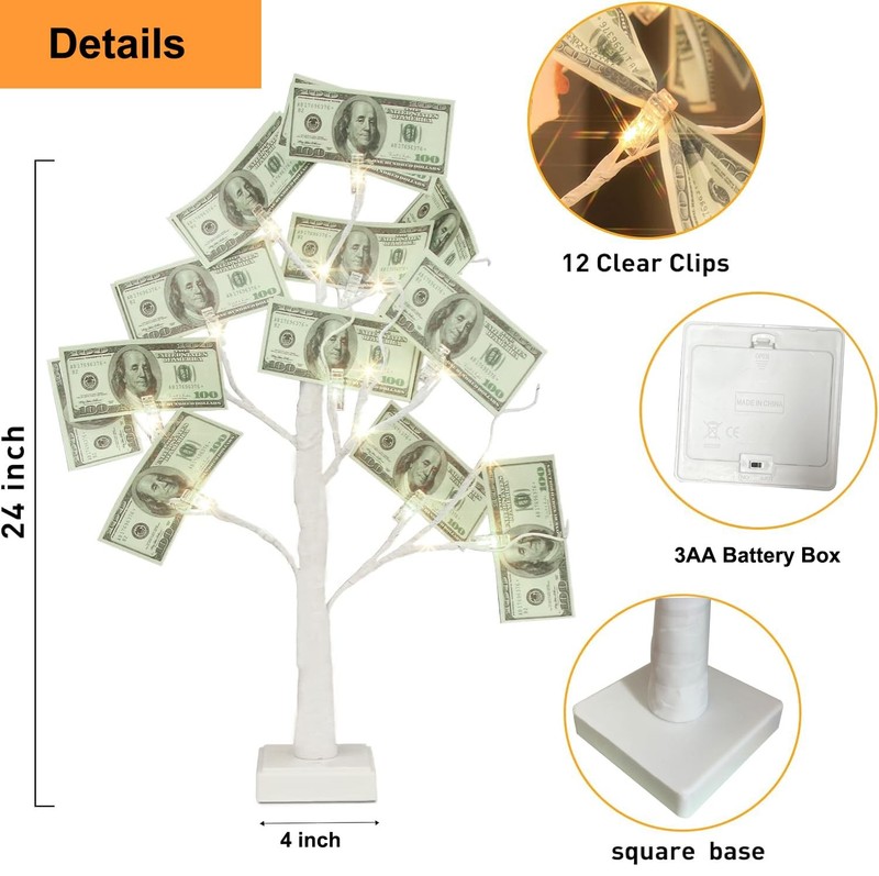 Money Tree Gift Holder, 2FT 24 LED Birch with 12 Clear 1ft 3in, White gallery