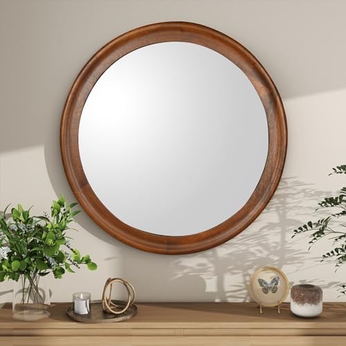 Round Wall Mirrors 24 Inch,Wood Rustic Decorative 24"L x 24"W Walnut Brown gallery