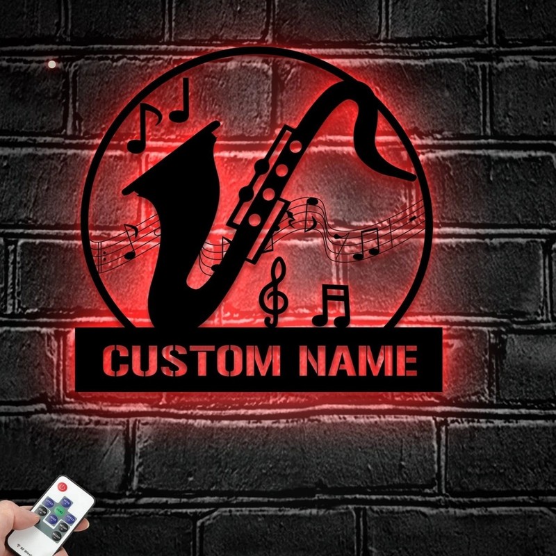 Personalized Saxophone Musical Metal Sign With LED, Custom Player Name Decor