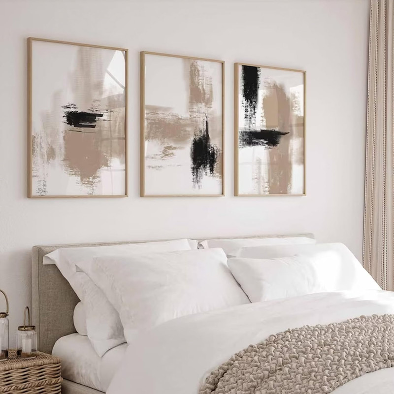 Beige Abstract Wall Art Painting Set of 3 Neutral Canvas Wall Art Prints Black gallery