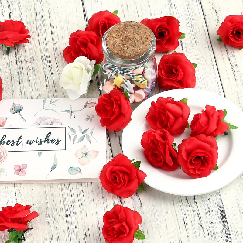 50Pcs Red Roses Buds Artificial Flowers Bulk, 1.6" Small Silk Fake Roses Flower gallery