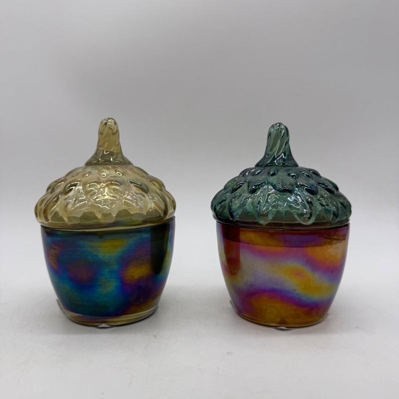 Unbranded Acorn Glass Jars Iridescent Teal Gold Lidded Set of 2 Unique Rare gallery