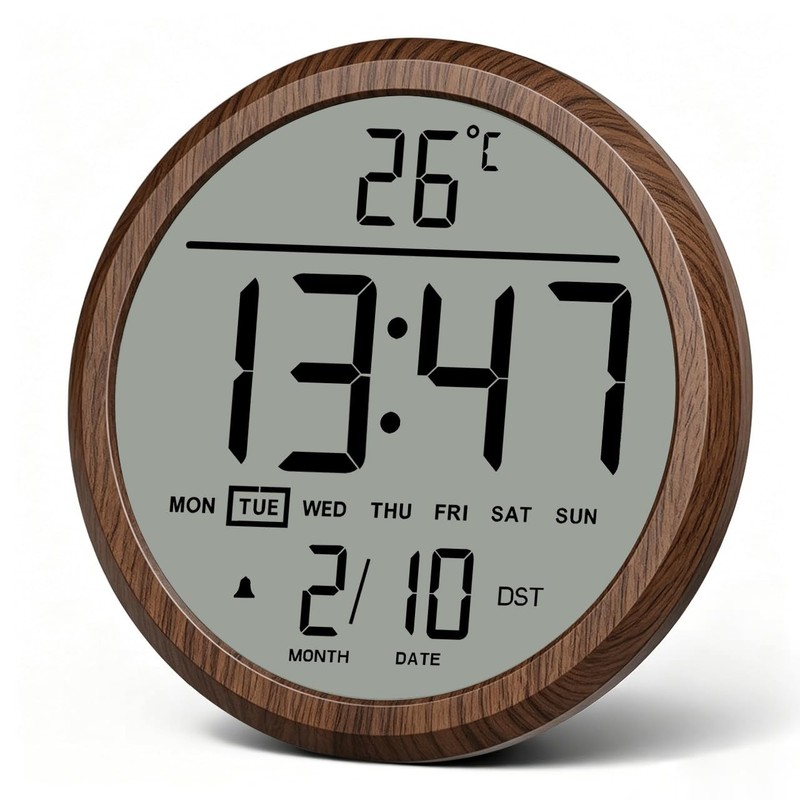 Mee 2ou 8 in Round Digital Wall Clock Battery Operated with Date,Calendar,Tem...