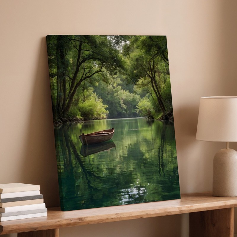 Serene River Landscape Canvas Art With Wooden Boat And Lush Green Trees Print gallery