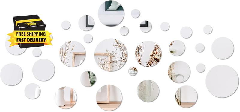 Wall Mirror, Circle Mirror Tiles Self Adhesive, 32 PCS Acrylic Mirror Stick on M