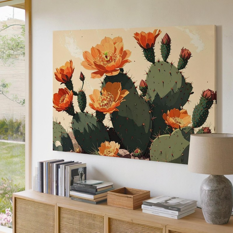 Prickly Pear Cactus Canvasstylized Botanical Illustration With Orange Blooms gallery