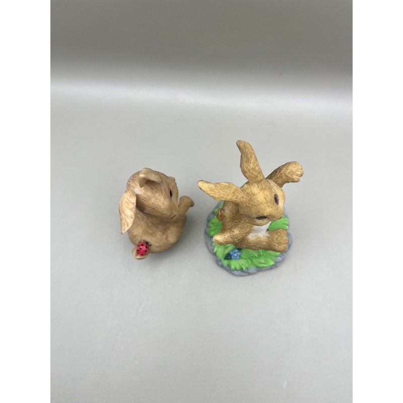 Vtg Style Resin Bunny Rabbit Figurines Ladybug Wildflower Set of 2 Decor 3.5" gallery