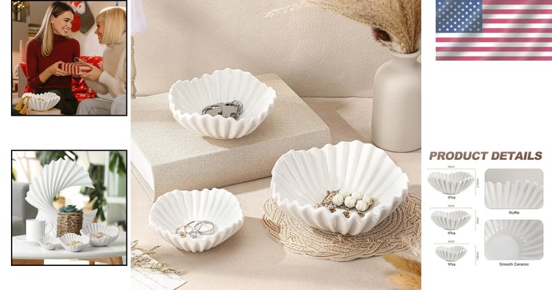 Stylish 3-Pc Ceramic Ruffle Bowl Set – Decorative Centerpiece for Any Occasion gallery