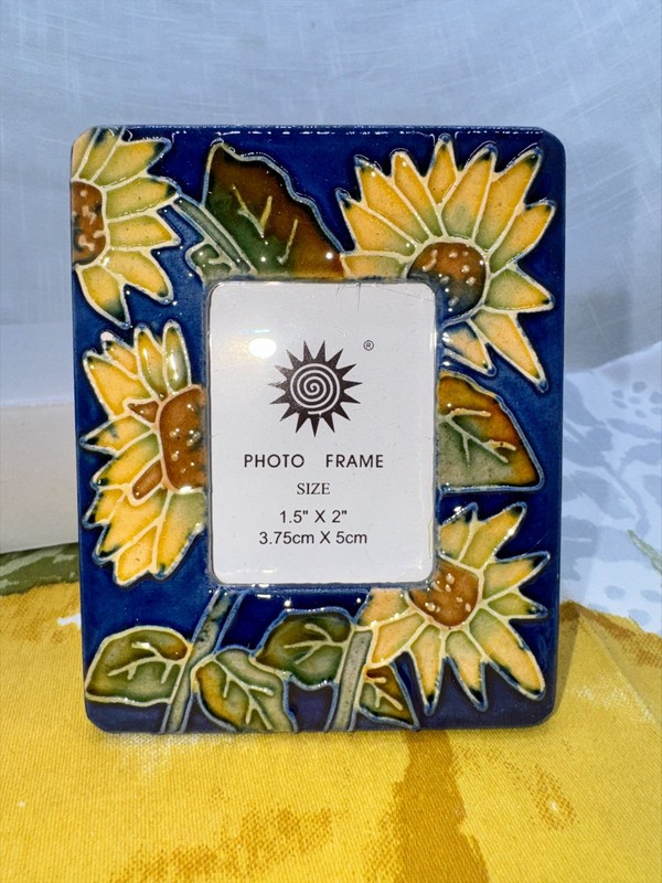 Sunflower Ceramic Photo Frame Mini Tabletop Floral Blue Background 1.5 x 2 Inch gallery