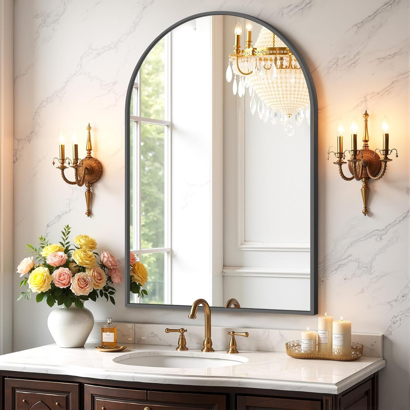Bathroom Mirror for Wall, 36×24 Inch Arched Mirror, Matte Black Metal Framed Bat