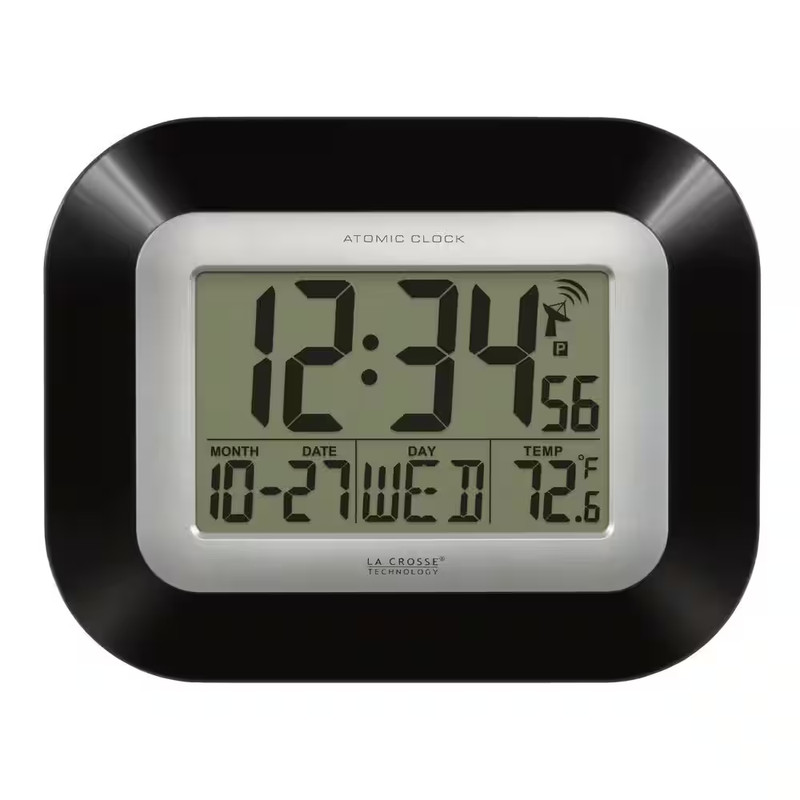 7 In. H Digital Atomic Black Wall Clock with Indoor Temperature