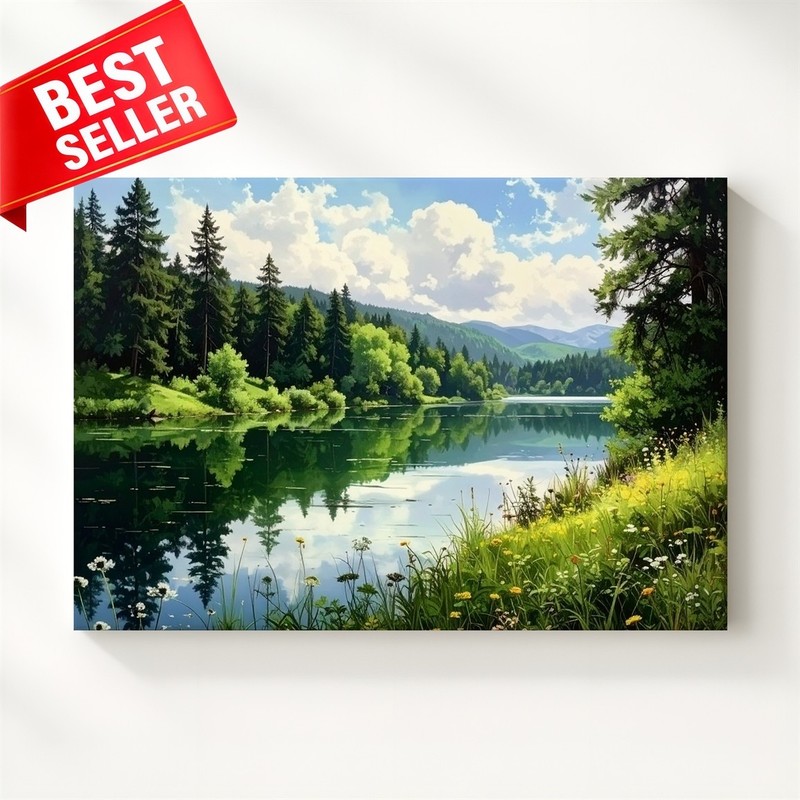 Canvas Wall Art Mountain Verdant Reflection Wildflowers Bordered When Path