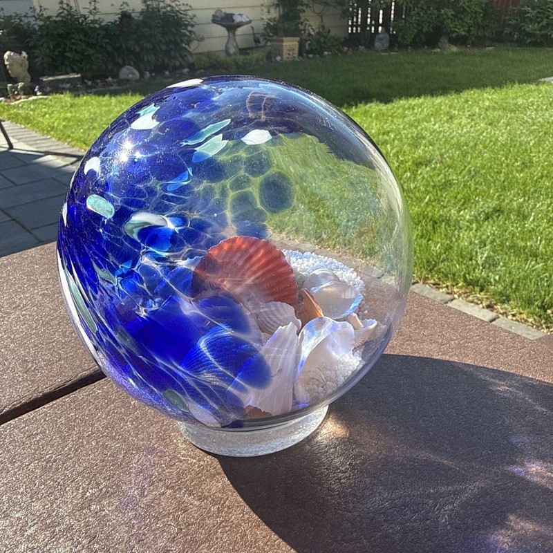 Large Hand Blown Ocean Waves Orb Globe Ball With Sand & Seashells 5.5” gallery