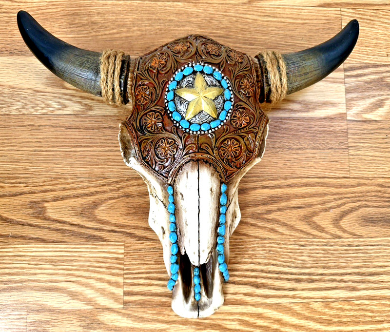 Bull Steer Bison Horned Skull w/Tooled Faux Leather Southwest Western Wall Decor