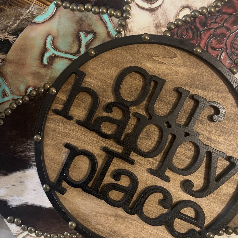Rustic Wood Round Decorative Leather Wall Hanging Our Happy Place Hair On The Hi gallery