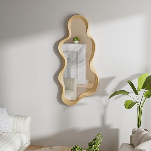 Irregular Wall Mirror, Wooden Framed Wall Asymmetrical Wavy 30"L x 14"W Natural gallery