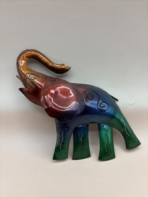 Lucky Elephant small Metal Wall Art Green, Blue, Red, Copper Iridescent
