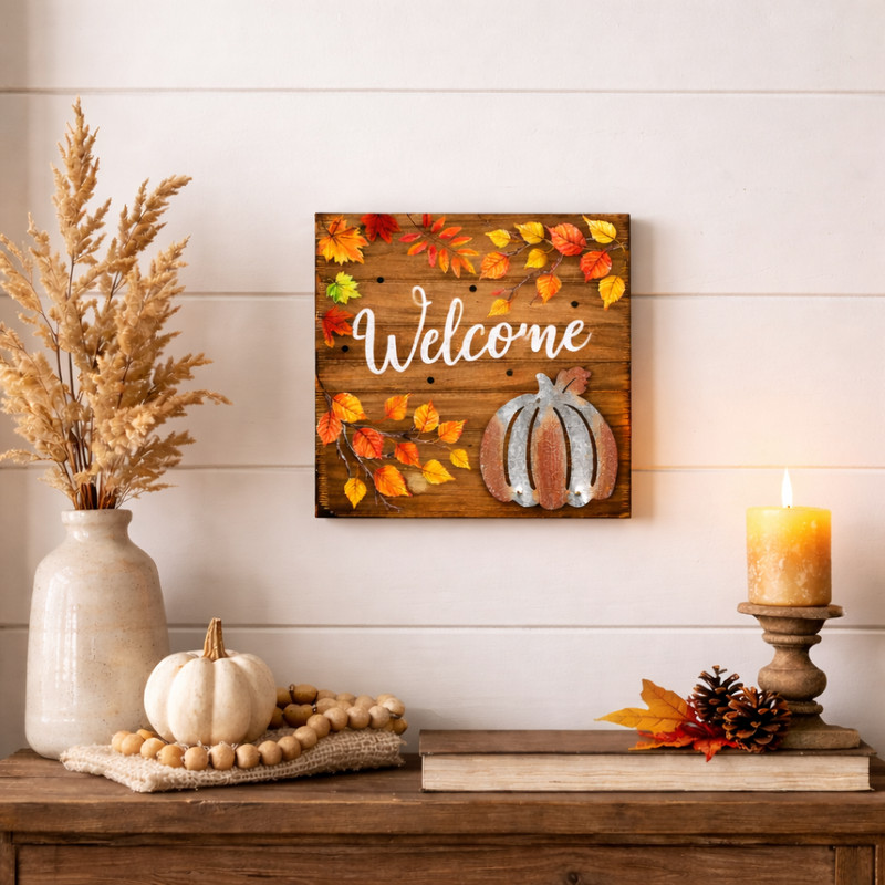 LED Lighted Fall Wooden Block Wall Plaque Welcome Pumpkin Wall Sign Decor 7.8" gallery