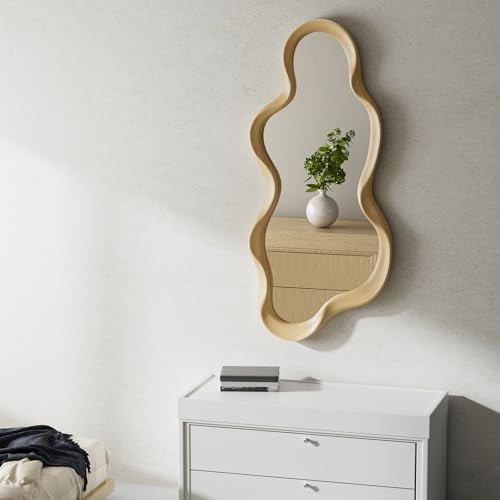 Irregular Wall Mirror, Wooden Framed Wall Asymmetrical Wavy 30"L x 14"W Natural gallery