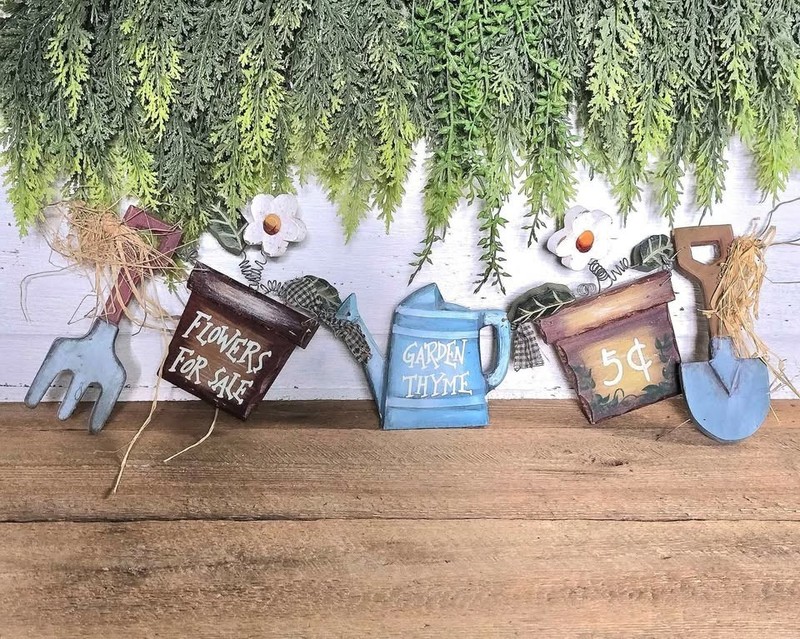 Wood Garden Watering Can Daisy Trowel Flowerpot Wall Hanging Primitive Farmhouse