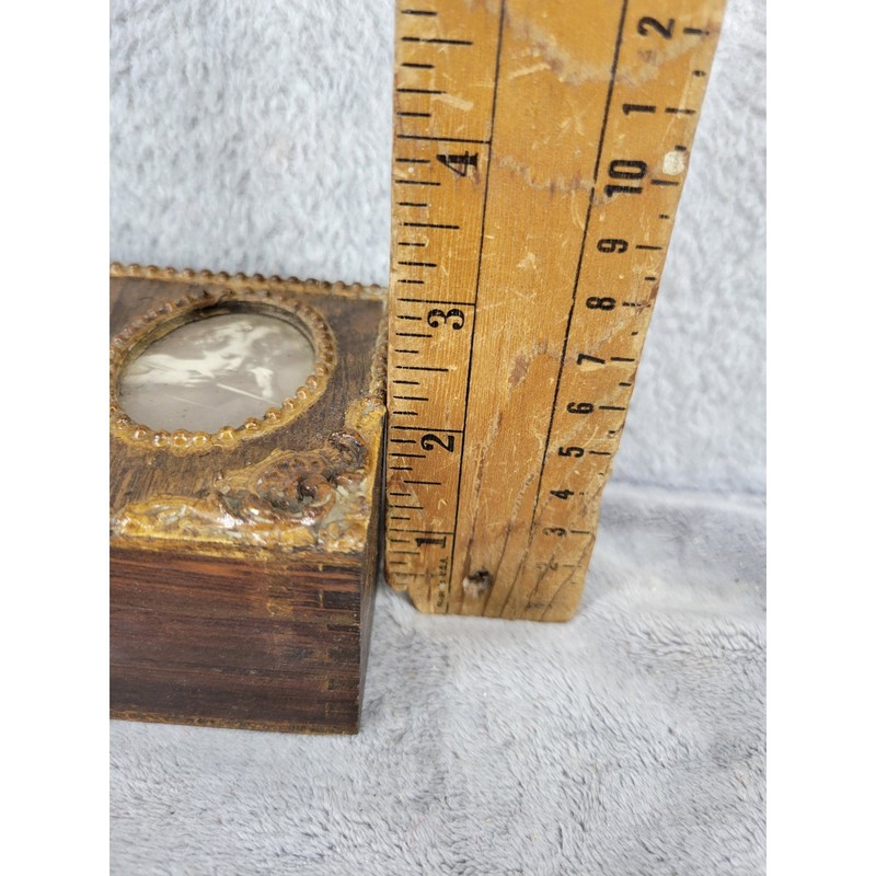 Antique Double Oval Photo Frame Trinket Box Wood Ornate Cherub Hinged Lid gallery