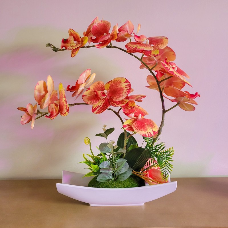 Decorative Real Touch Artificial Orchid Bonsai in Pot Orange/Yellow