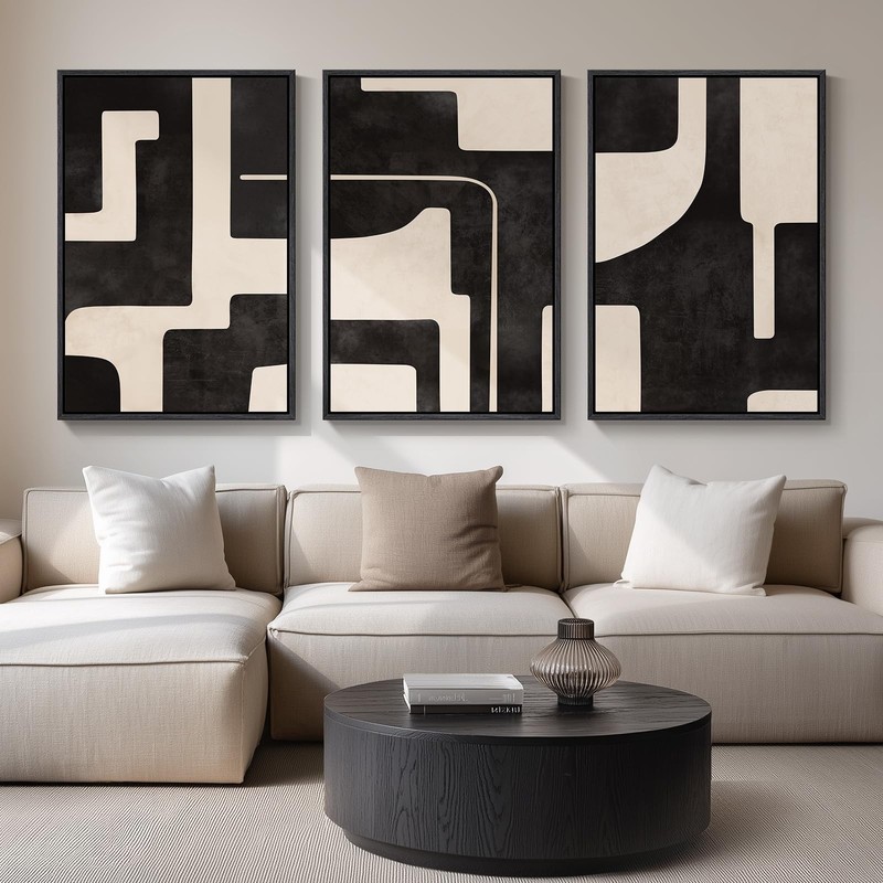 Large Framed Neutral Abstract Wall Art for Living Room, 3 Piece Black Beige C…