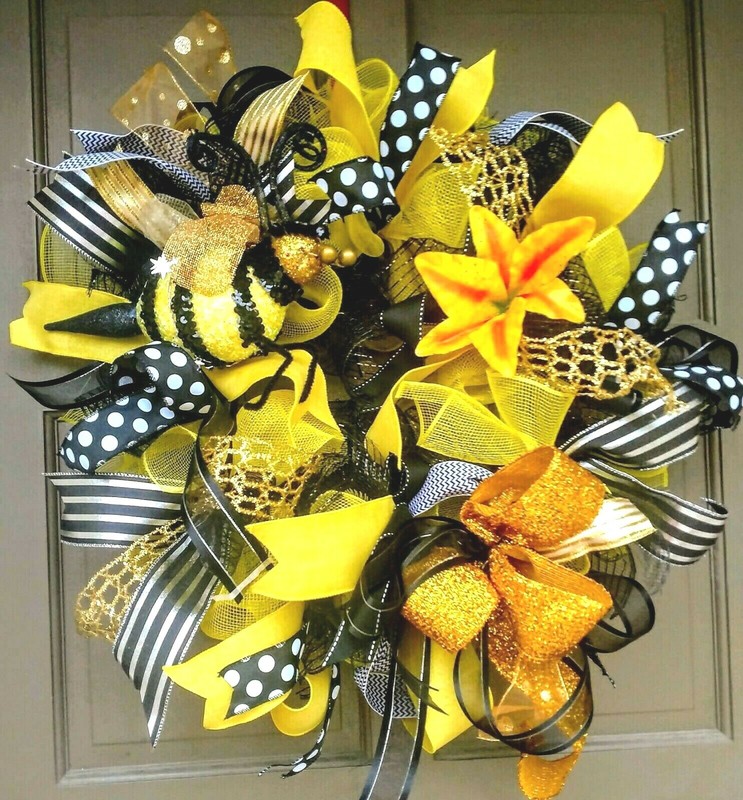 Spring Summer Bee Wreath Large Deco Mesh Floral Farmhouse Front Door Decor