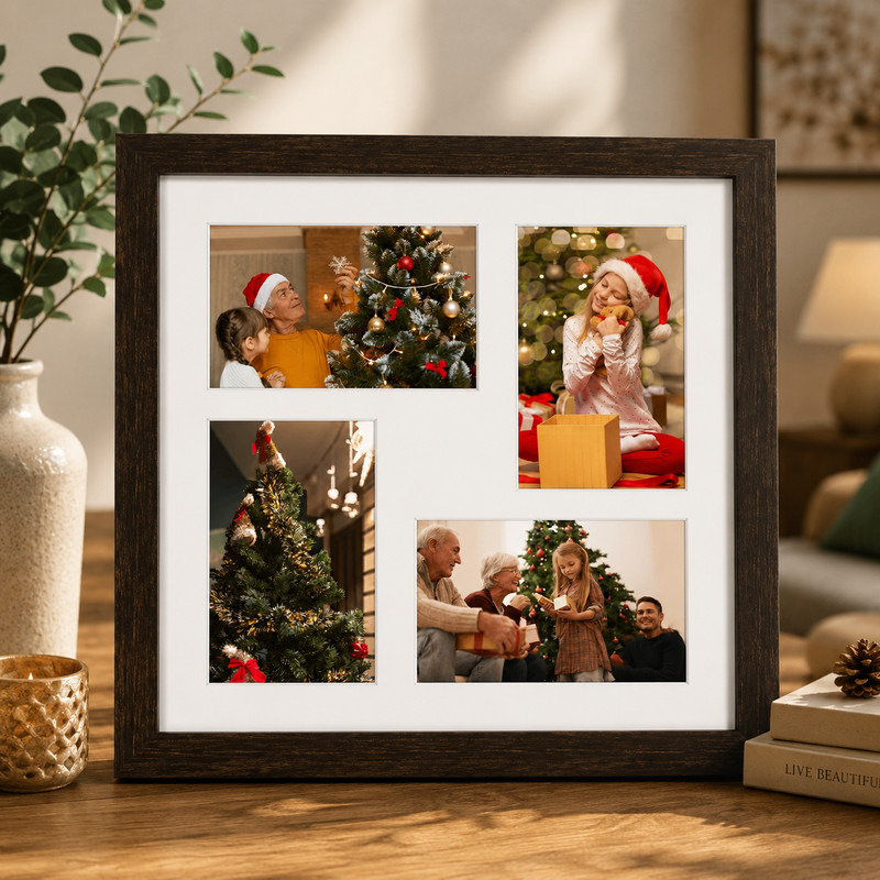 4x6 Dark Brown Solid Wood Multi Collage Picture Frame 4 Photos Tempered Glass