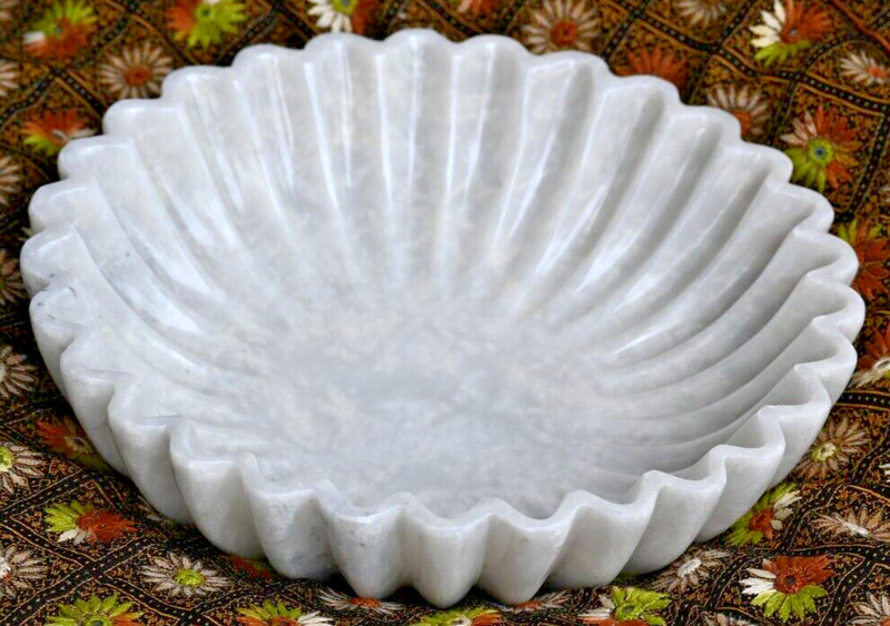 Antique Ziarat White Marble Hand Carved Fluted Round Bowl, Diameter: 12" & H: 3" gallery