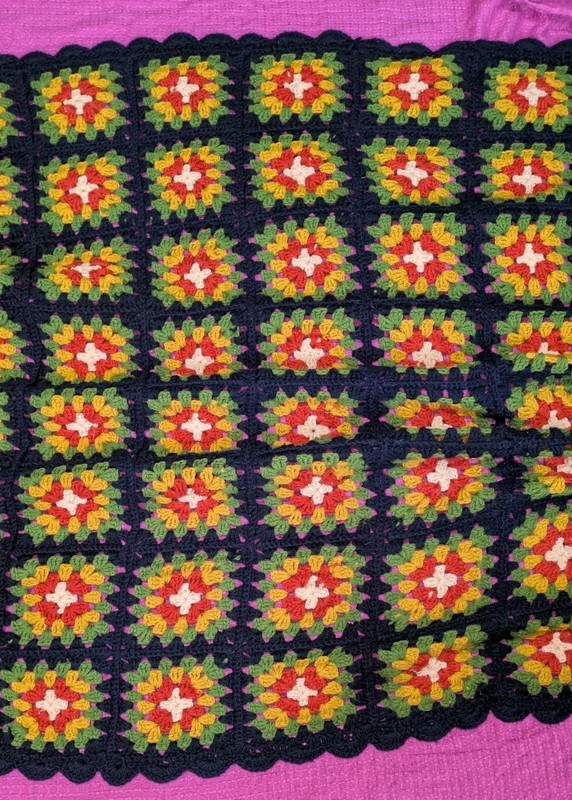 Handmade Granny Square Crochet Afghan Blanket Blue Green Orange Tan White 65x50 gallery