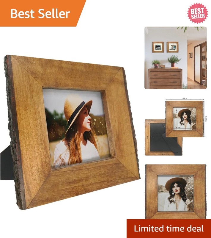 Handmade Brown Wood Photo Frame 4×4 with Bark Edges – Tabletop & Wall Mount