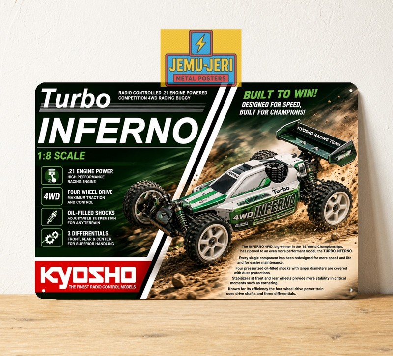 Vintage Kyosho Turbo Inferno 4WD RC Buggy Metal Tin Sign Racing Poster 20x30cm gallery