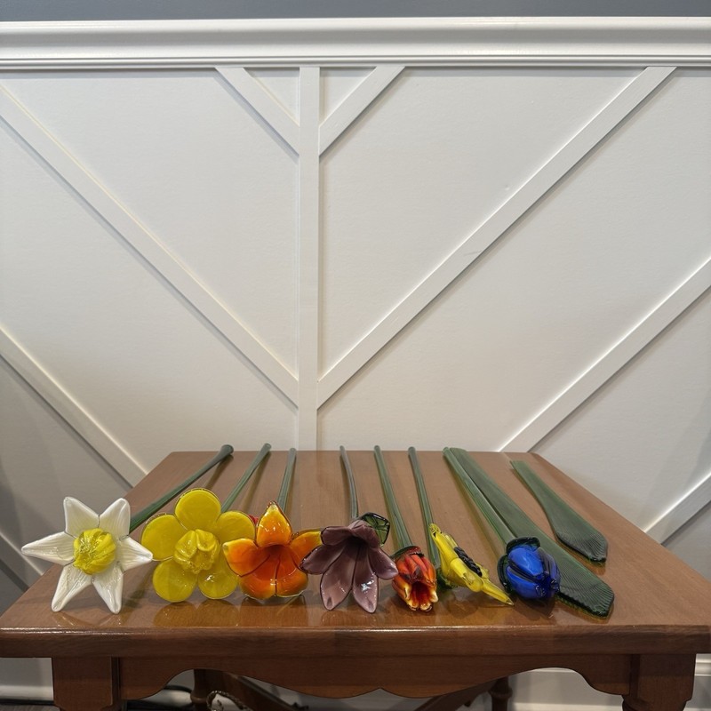 Vtg Murano Style Hand Blown Art Glass Long Stem Flower Bouquet 20″ Lot Of 9